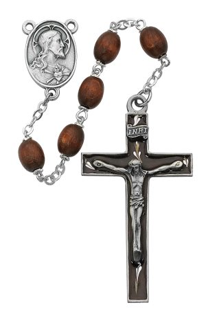Brown Oval Wood Rosary Boxed