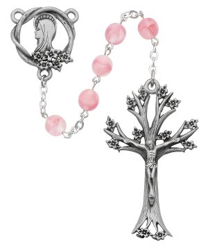 Pink Glass Dogwood Rosary Boxed