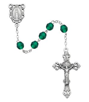 Dark Green Glass May Rosary Boxed