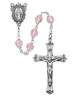 Pink Tin Cut Crystal Rosary Boxed