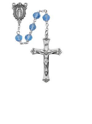 Blue Tin Cut Crystal Rosary Boxed