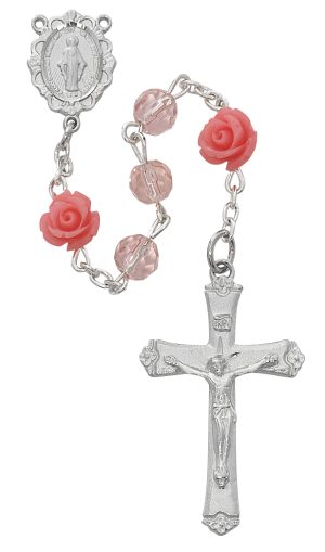 Pink and Roses Glass Rosary Boxed