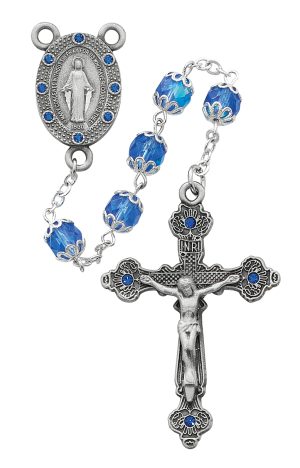Blue Capped Glass Rosary Boxed
