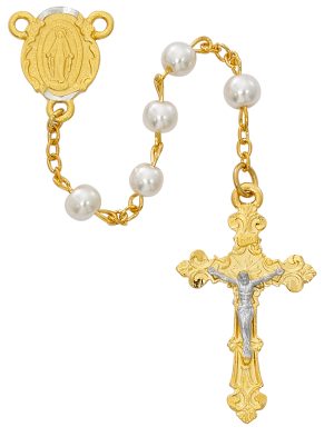 Gold Plated Pearl Glass Rosary Boxed