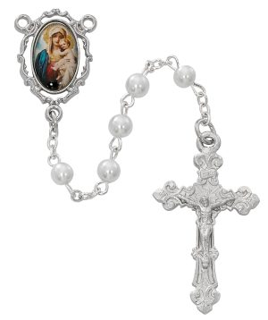 White Mother & Child Decal Rosary Boxed
