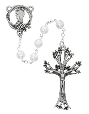 White Glass Dogwood Rosary Boxed