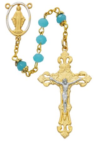 Gold Aqua Glass Rosary Boxed