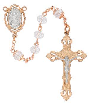 Crystal Rose Gold Guadalupe Rosary Boxed