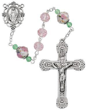 Pink & Flower Crystal Rosary Boxed