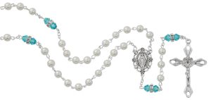 Pearl and Aqua Rosary with Zinc Center and Crucifixed