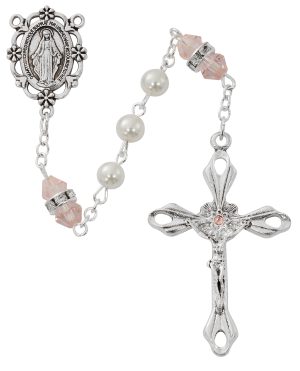 Pearl and Rose Rosary with Zinc Center and Crucifixed