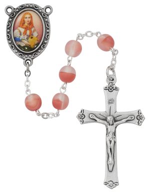 7MM PINK Frosted ST. DYMPHNA Decal Image ROSARY boxed
