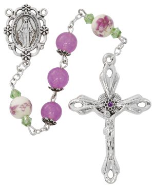 Purple & Ceramic Flower Rosary Boxed