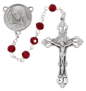 Garnet Crystal Lady of Sorrows Rosary Boxed