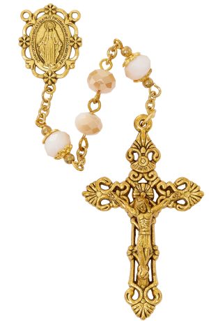 Gold tone pink Rosary boxed
