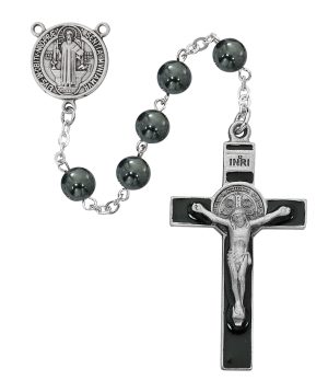 8MM HEMATITE ST BENEDICT ROSARY DELUXE BOX