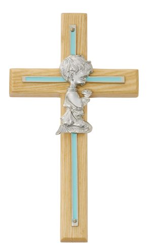 7in Oak with Blue Baby Boy Praying Cross Boxed
