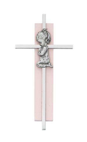 6in Pink Wood Praying Girl on Silver Cross Boxed