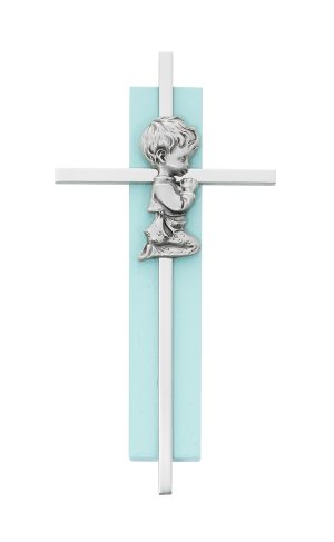 6in Blue Wood Praying Boy on Silver Cross Boxed