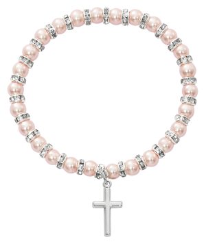 Pink Baby Stretch Bracelet and Sterling Cross Boxed