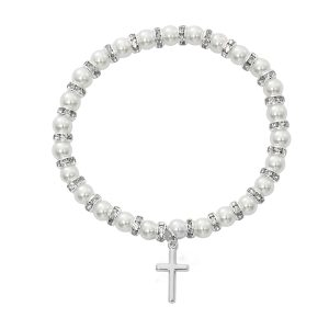 White Baby Stretch Bracelet and Sterling Cross Boxed