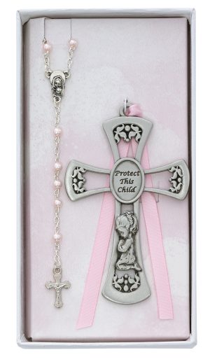 Baby Girl Crib Cross and Rosary Set Boxed