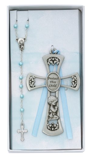 Baby Boy Crib Cross and Rosary Set Boxed