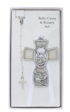 Guardian Angel Crib cross and Rosary Set Boxed
