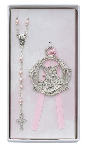 Angel Crib Medal and Pink Rosary Set Boxed
