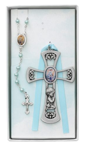 Crib Cross and Blue Rosary Set Boxed