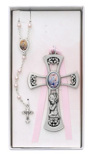 Crib Cross and Pink Rosary Set Boxed