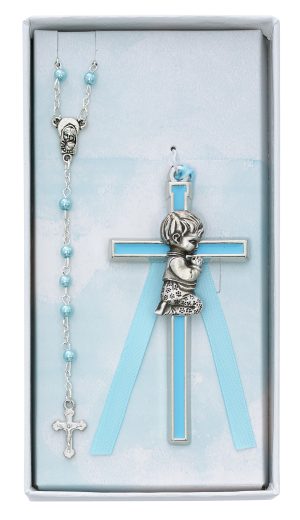 Blue Crib Cross and Blue Rosary Set Boxed