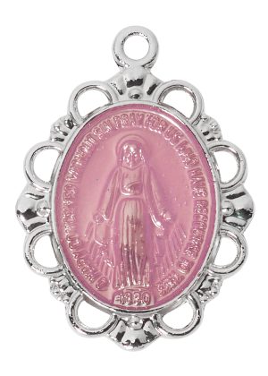 Sterling silver pink enamel Miraculous medal on 16-18" Adjustable immitation rhodium chain boxed