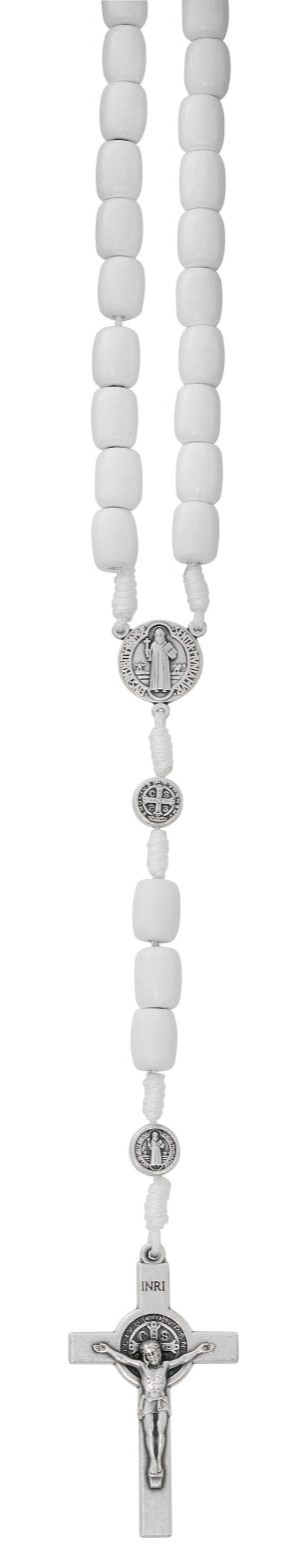 LARGE WHITE BENEDICT ROSARY ON HANGING CARD