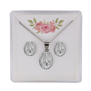 SILVER CRYSTAL MIRACULOUS EARRINGS & PENDANT SET BOXED