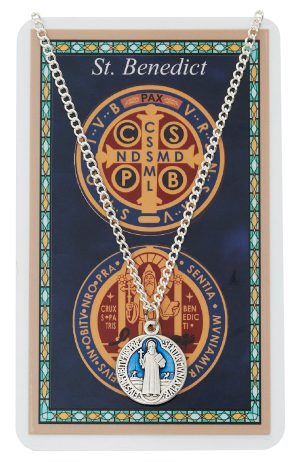 St Benedict Silver ox with blue enamel on 18" chain prayer card set