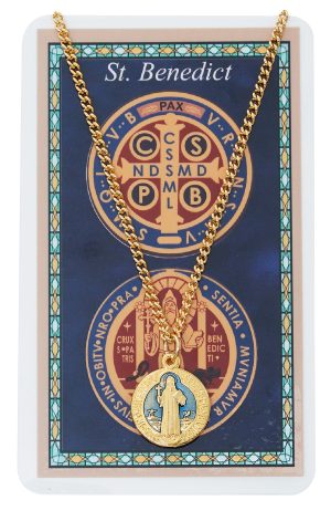 St Benedict Gold tone with blue enamel on 18" chain prayer card set