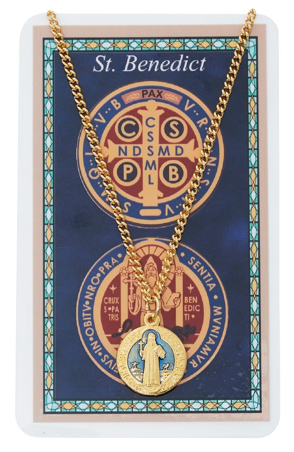 St Benedict Gold tone with blue enamel on 18" chain prayer card set