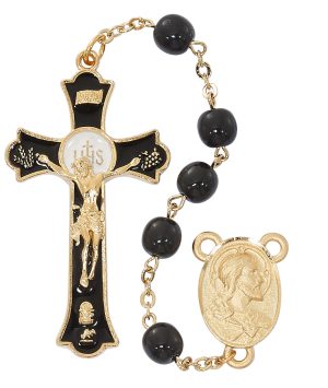 7MM ROUND GOLD BLACK GLASS ROSARY WITH BLACK AND GOLD CROSS POUCH
